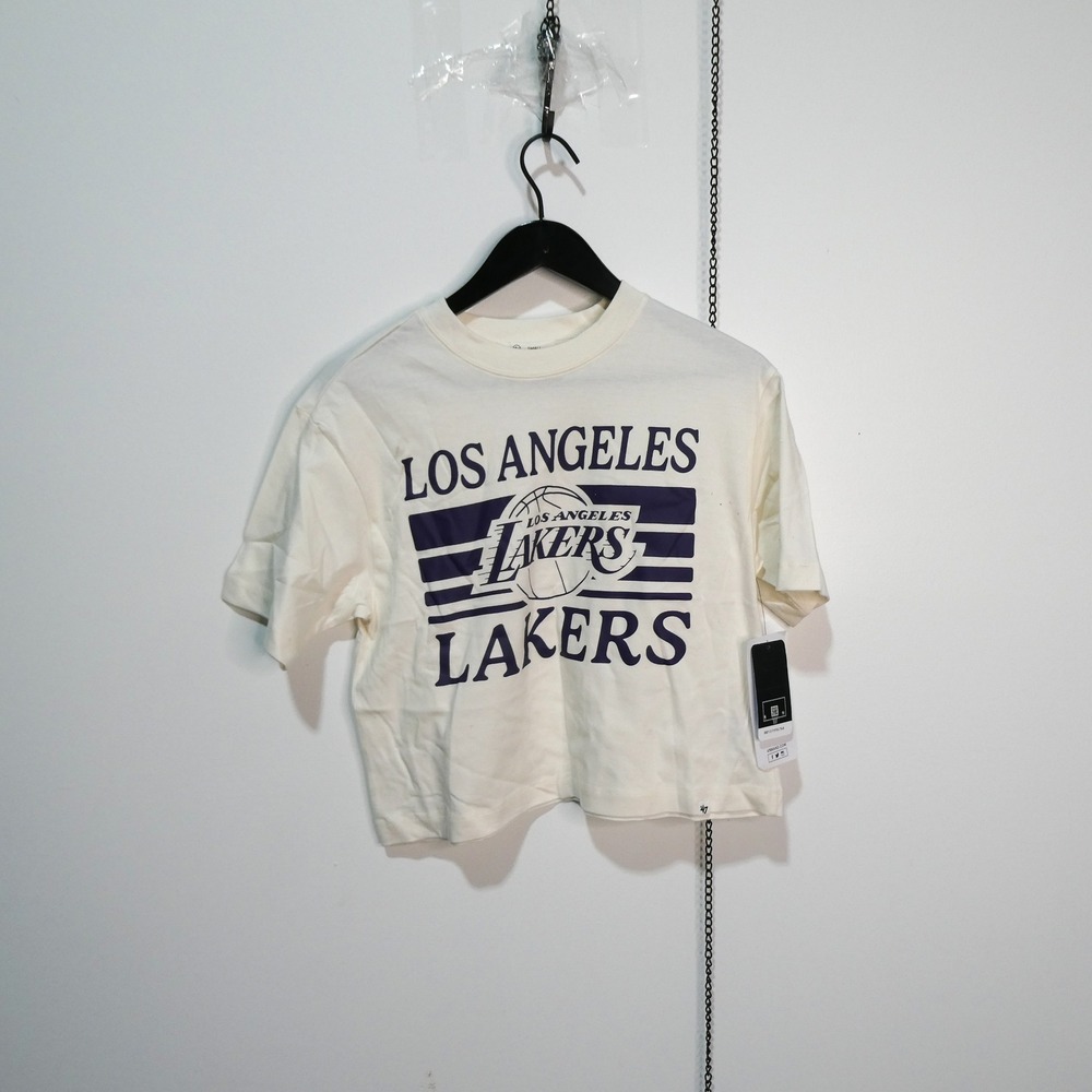 Lakers‎ Shirt Women Small '47 Brand Los Angeles Cream Cropped Short Sleeve New